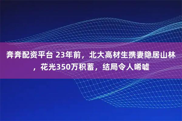 奔奔配资平台 23年前，北大高材生携妻隐居山林，花光350万积蓄，结局令人唏嘘